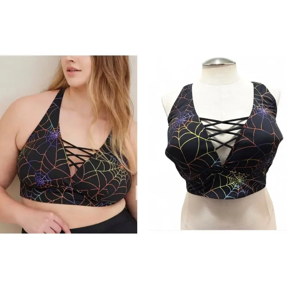 Torrid 5 (5X) Rainbow Spiderweb XO Strappy Padded Triangle Bikini Top‎ Wireless